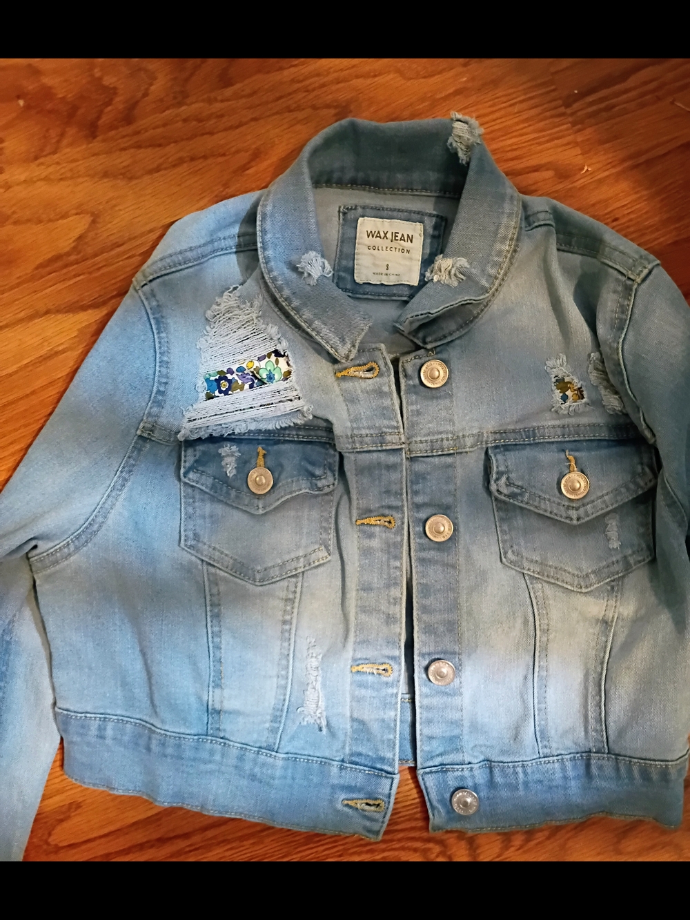 Wax Jean Light Blue Distressed Denim Jacket with Patch Accents